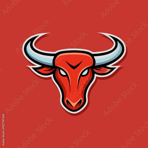 Powerful Bull Head Illustration: A bold and stylized illustration of a bull's head, conveying strength, determination, and a commanding presence, set against a striking red backdrop.