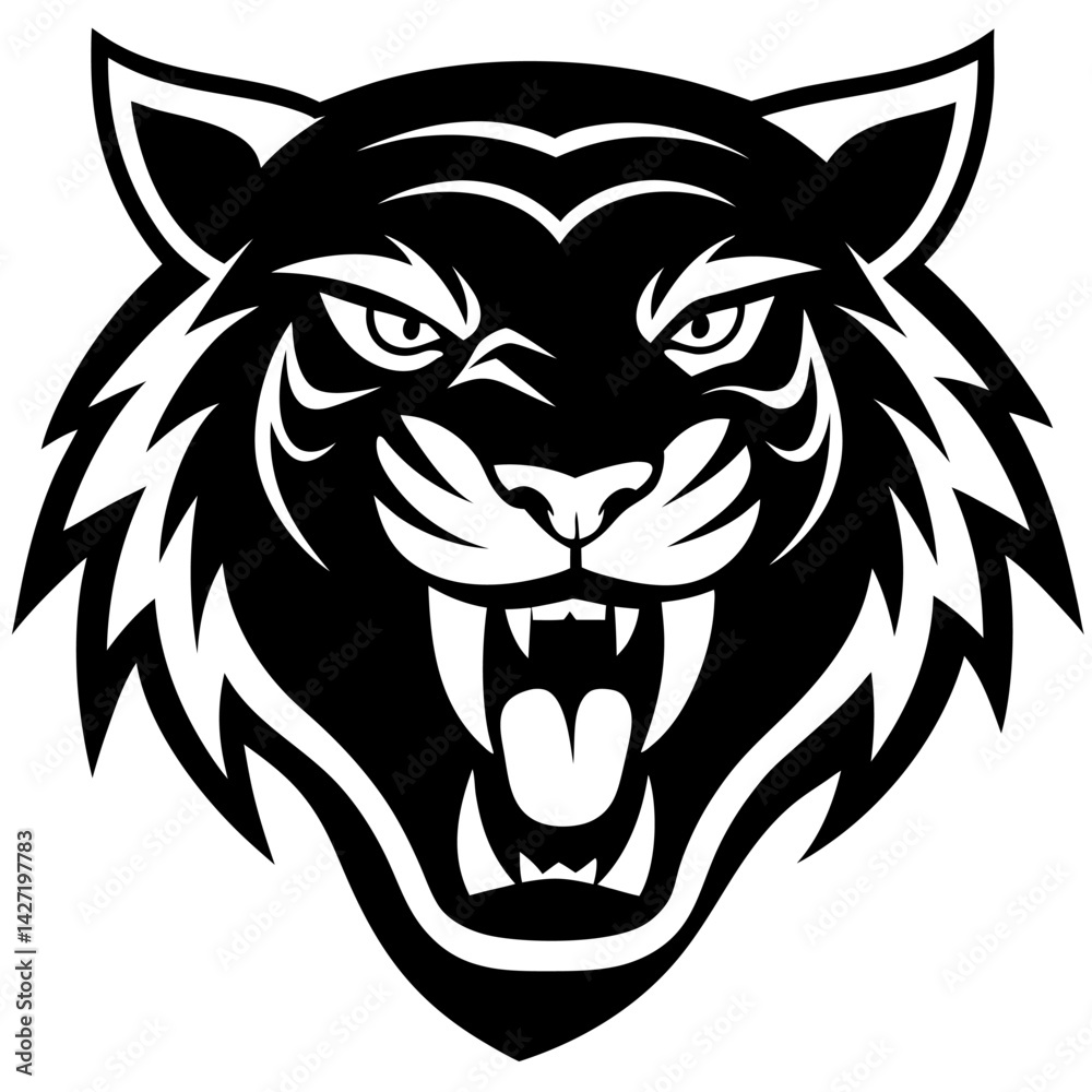 Fototapeta premium Roaring Tiger Head: A fierce and powerful black and white illustration of a tiger's head, showcasing its sharp teeth and intense gaze. The image evokes a sense of strength, dominance and wildness.