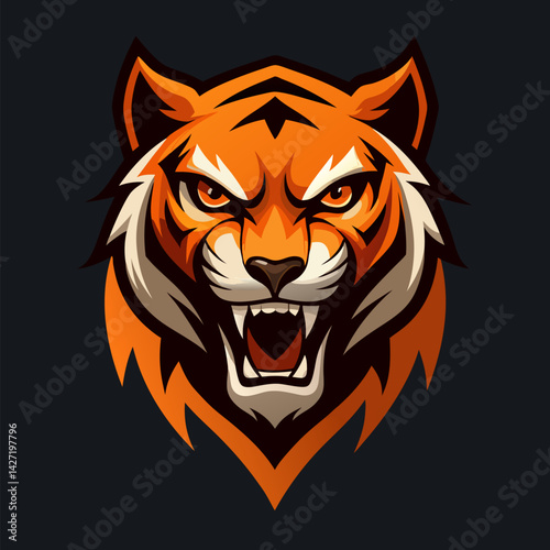Majestic Tiger's Gaze: An illustration of a powerful tiger's head, showcasing its intense stare and fierce expression, rendered in vivid colors, symbolizes strength and wild nature.