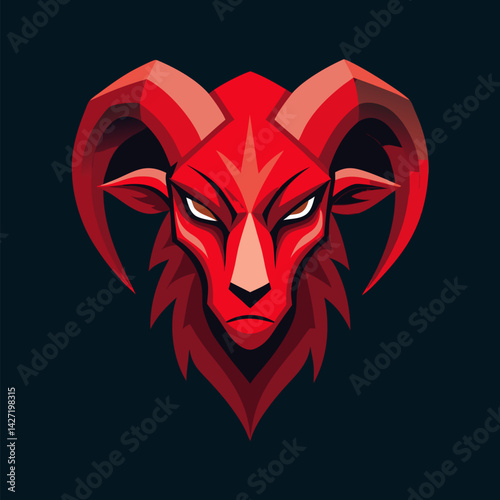 Mystical Ram: Bold and formidable red ram illustration with sharp features and a fierce gaze, rendered in a striking polygonal style on a contrasting dark background.