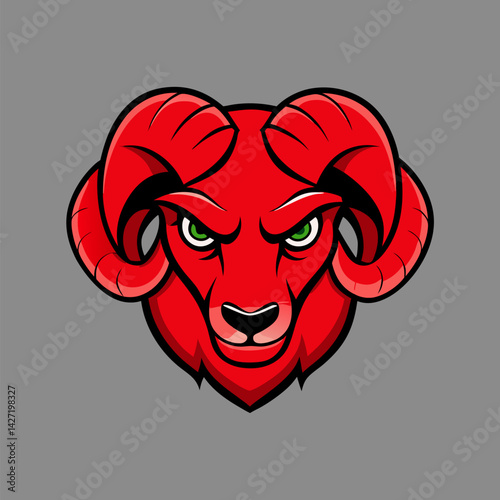 Red Ram Head: A bold graphic illustration features a striking red ram's head, its piercing green eyes conveying a sense of power and determination, against a neutral background.