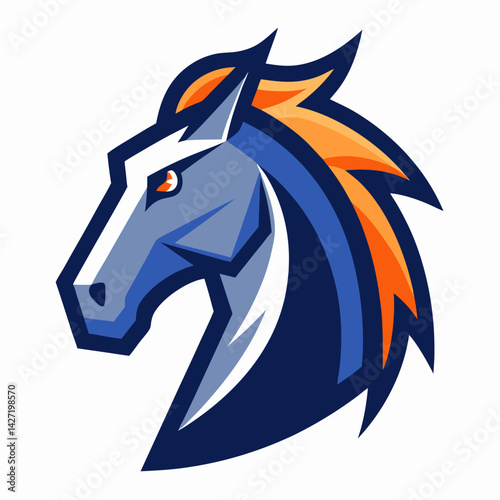 Fiery Horse Mascot: A bold, athletic horse head in a vibrant blue and orange color scheme.  A captivating logo design for sports teams, businesses, and brands seeking a strong, energetic image.  