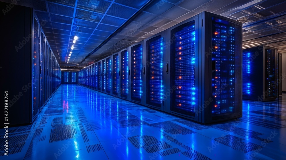 Fototapeta premium Modern Data Center with Rows of Illuminated Server Cabinets for Computing and Networking