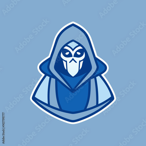 Mysterious Figure in Blue: A stylized illustration presents a mysterious cloaked figure, its face concealed behind a mask, the cool tones of blue and white creating an enigmatic atmosphere.
