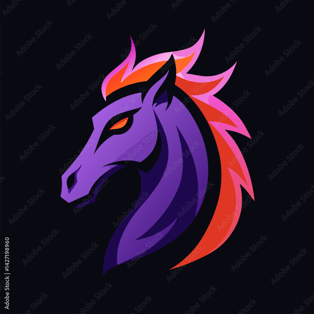 Naklejka premium Majestic Stallion Portrait: A striking illustration of a powerful horse's head, rendered with bold lines and vivid colors, evokes strength and grace against a dark background.