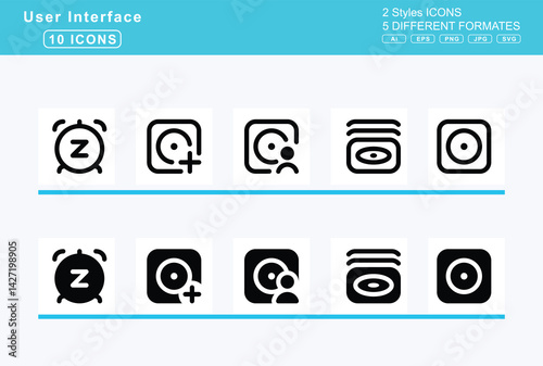 Set of 5 solid user interface icons,airplay, alarm, clock, exclamation, plus, snooze