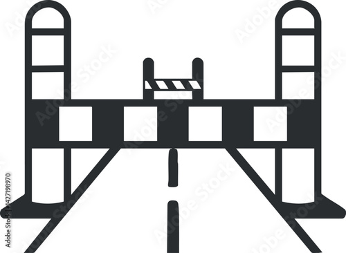 A stylized illustration of a bridge with a road barrier indicating a restricted crossing.