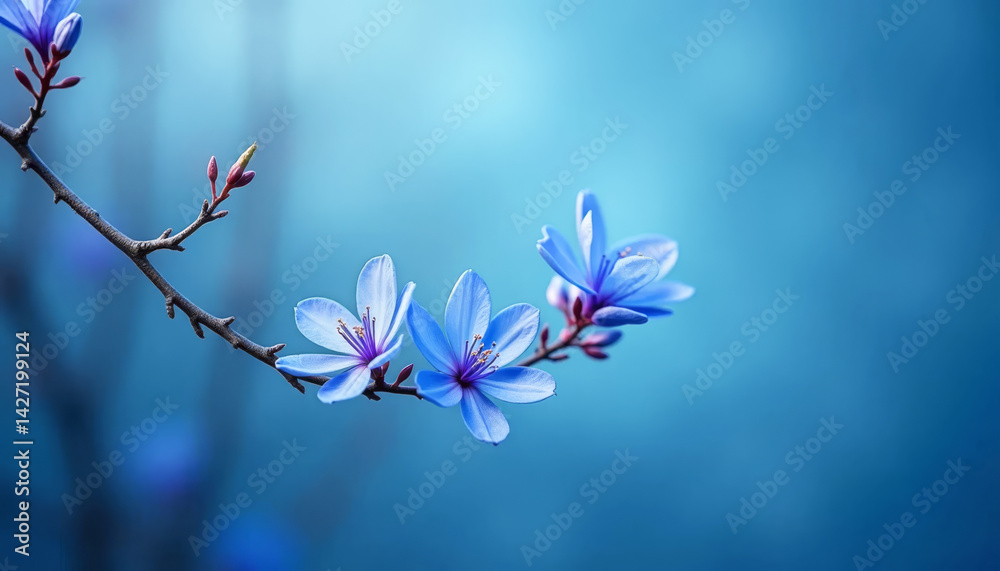 Close-up of delicate blue flowers blooming on a branch. Floral background.