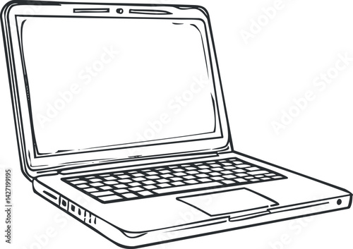 A sketch of a laptop computer showcasing a modern design with an open screen and keyboard.