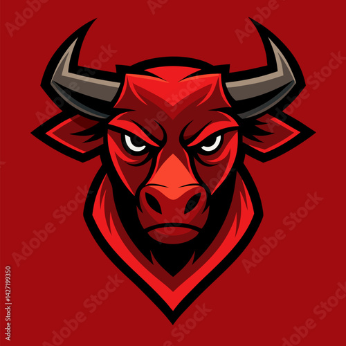 Fierce Red Bull Mascot: A powerful and intense red bull mascot head, showcasing sharp horns and intense eyes, perfect for a logo or sports team branding.