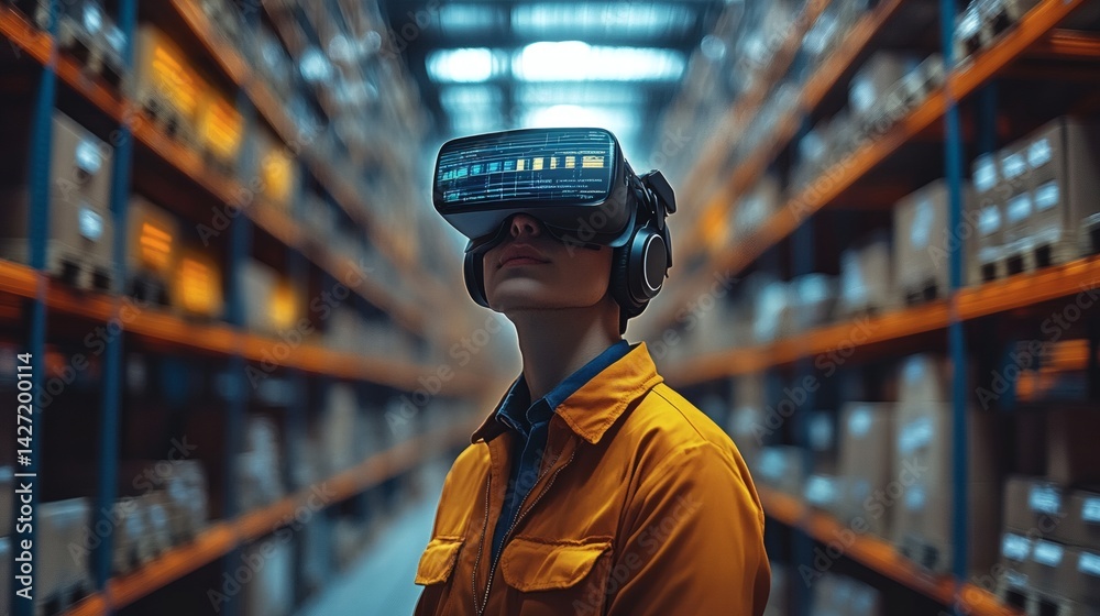 Modern warehouse worker using virtual reality headset for inventory management, future technology Modern warehouse worker using virtual reality headset for inventory management, future technology