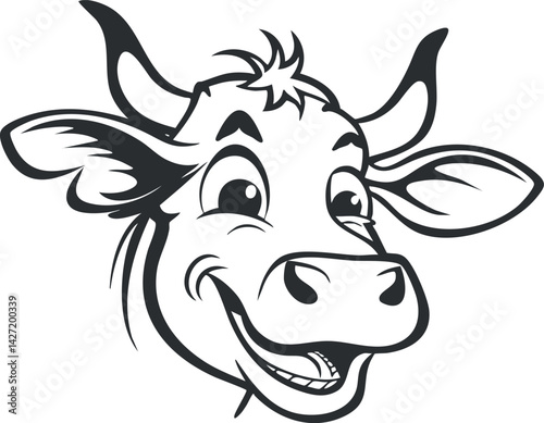 A cheerful cartoon cow head illustration featuring a smiling face with expressive ears.