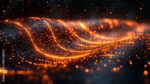 Luminous Circuitry: Abstract 3D Background with Glowing Orange Particles Flowing Across a Dark Textured Surface