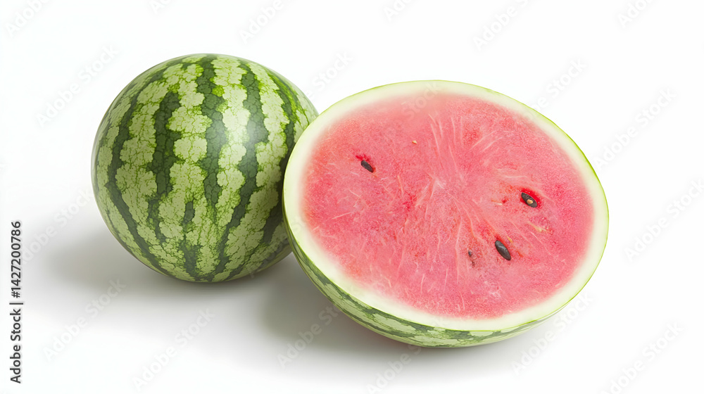 Fresh Watermelon Slice and Whole Fruit Isolated On White Background Fresh Watermelon Slice and Whole Fruit Isolated On White Background