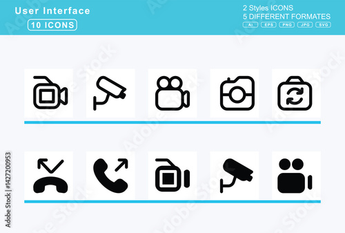 Set of 5 solid user interface icons,call, history, incoming, missed, outgoing, camcorder