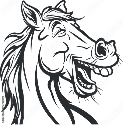A humorous illustration of a laughing horse with a playful and cheerful expression.