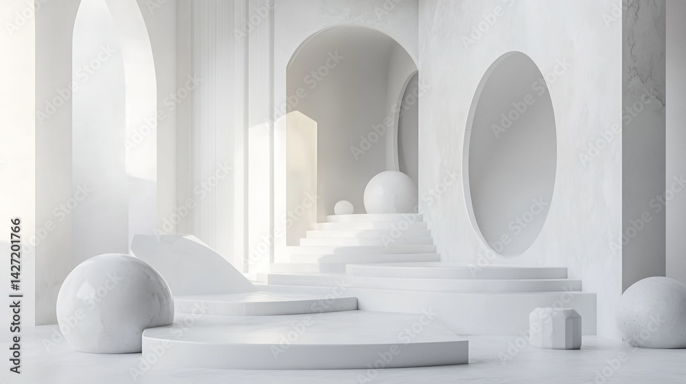 White Architectural Interior with Geometric Forms and Platforms White Architectural Interior with Geometric Forms and Platforms