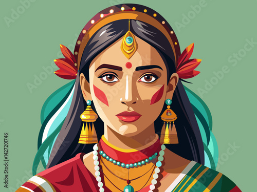vector of Young Indian woman in traditional clothes and jewelry on a plain background