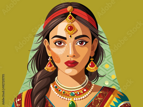 vector of Young Indian woman in traditional clothes and jewelry on a plain background