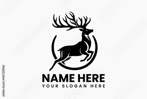Bold black stag head silhouette with ornate antlers, elegant wildlife logo for luxury brands and outdoor apparel
