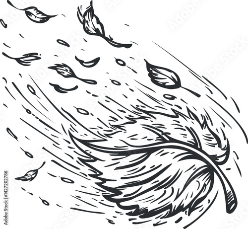 A whimsical illustration of falling leaves carried by the wind in a minimalist style.