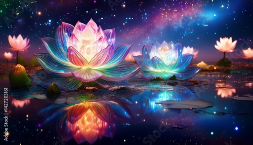 Iridescent Lotus Flowers Reflecting in a Starry Night