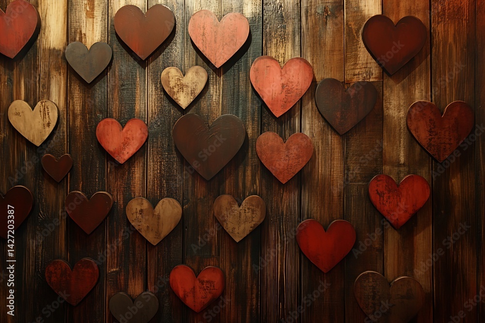 Obraz premium Wooden Wall with Arranged Heart-Shaped Decorations