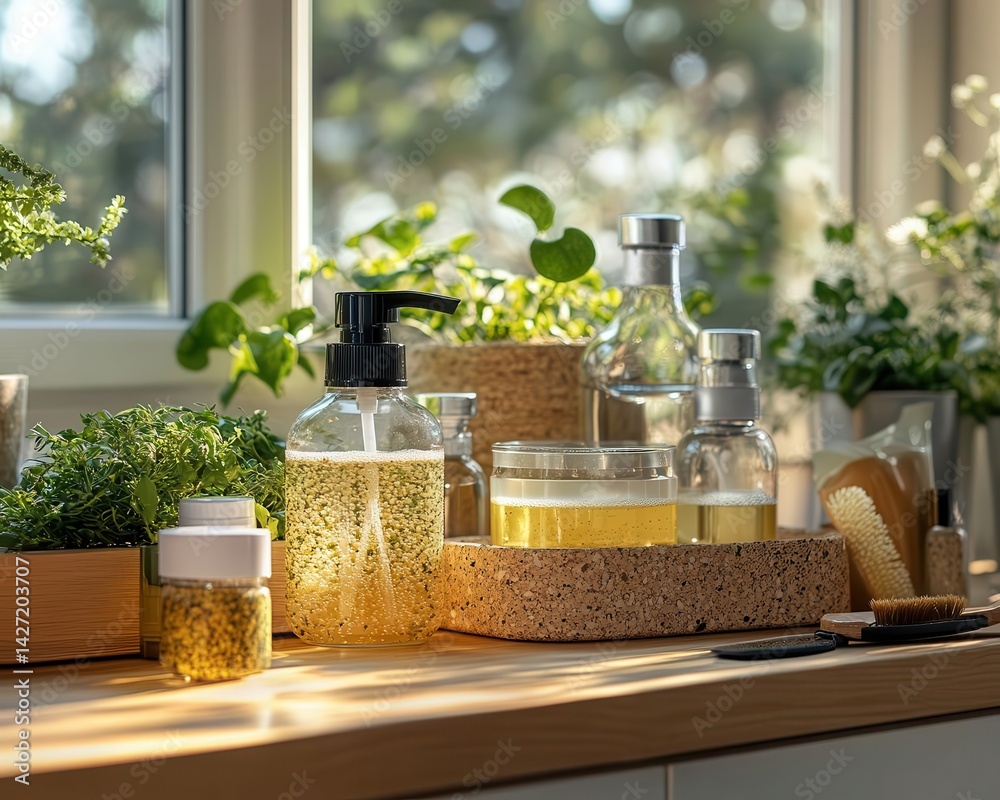 A closeup of ecofriendly cleaning supplies on a counter, Green Products, Safe and sustainable