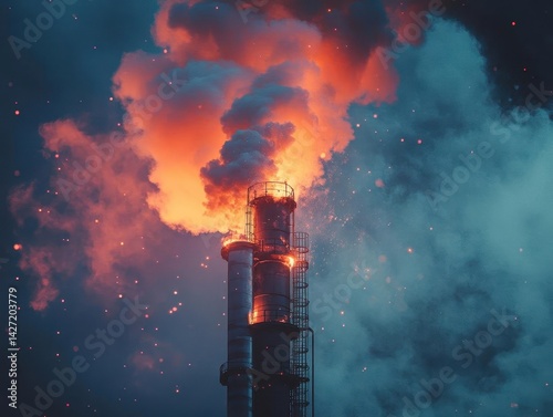 A closeup of factory smokestacks releasing pollutants into the air, Industrial Pollution, Worrying and impactful