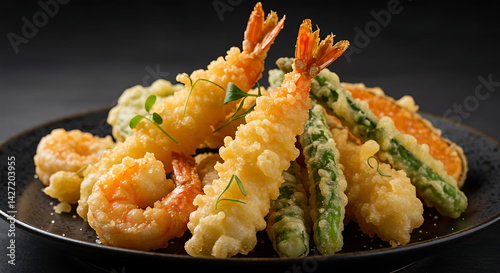 Shrimp and Asparagus Tempura on a Black Plate   crispy shrimp and vegetable tempura on a ceramic plate with dipping sauce, golden texture, minimal background Japanese cuisine