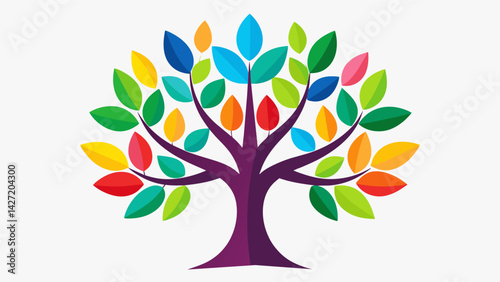 A tree adorned with different colored leaves each representing a new skill or lesson learned through personal development.. Vector illustration