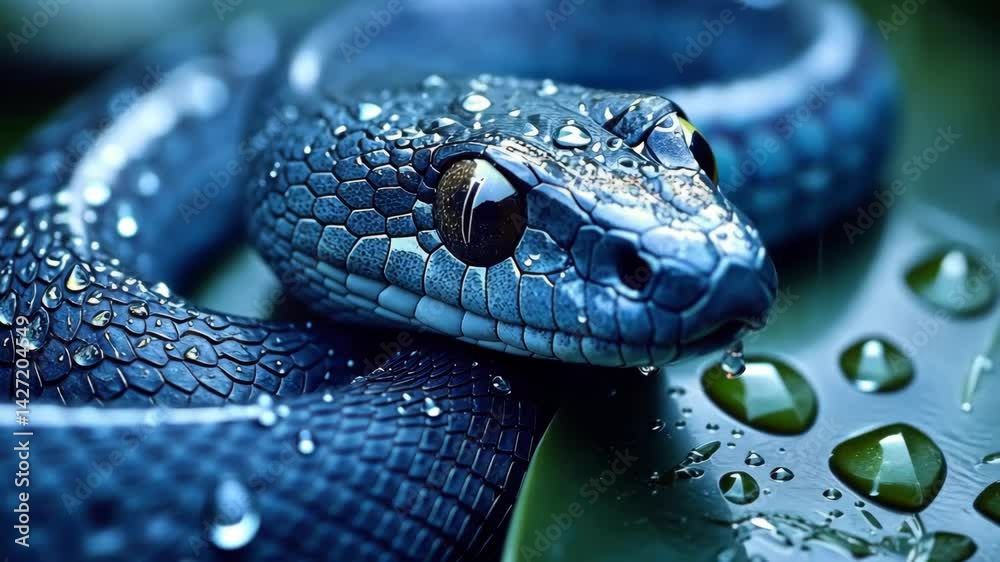 Close-up detailed portrait of a blue snake with a smooth, textured skin, water droplets, and piercing eye on a large green leaf Close-up detailed portrait of a blue snake with a smooth, textured skin, water droplets, and piercing eye on a large green leaf