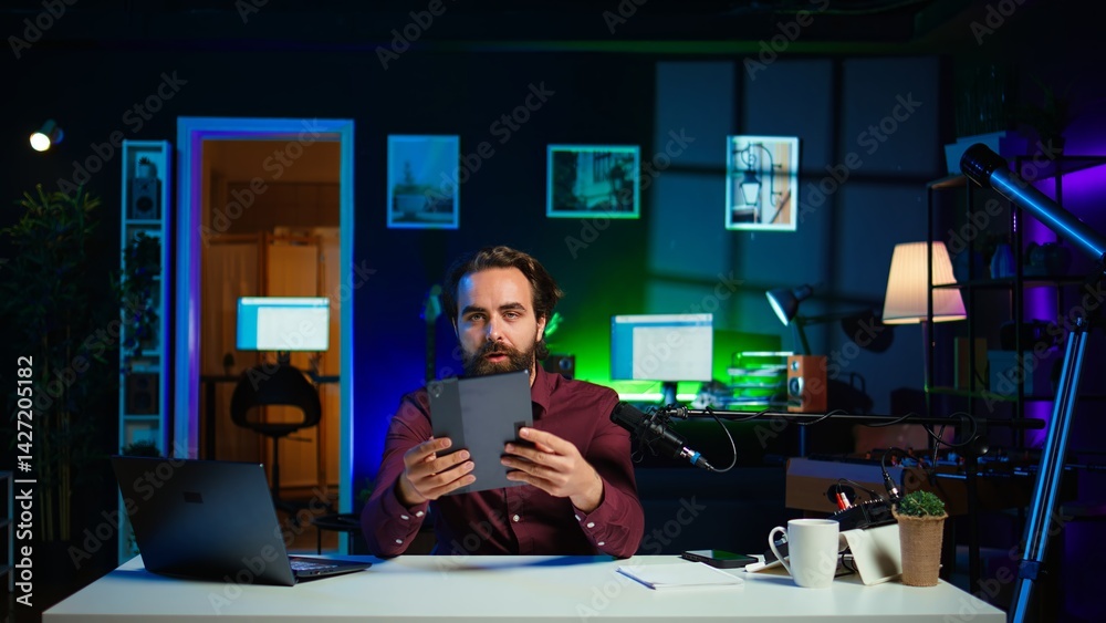 Tech expert presenting tablet in entry level low budget price range to interested viewers, filming in studio. Viral content creator reviewing digital device in front of internet audience, camera B