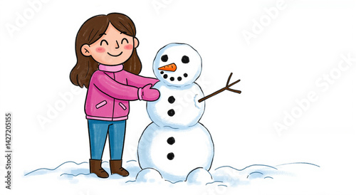 Happy girl building snowman in snowy winter landscape  