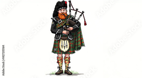 Bagpiper in traditional attire playing music against a white background  
