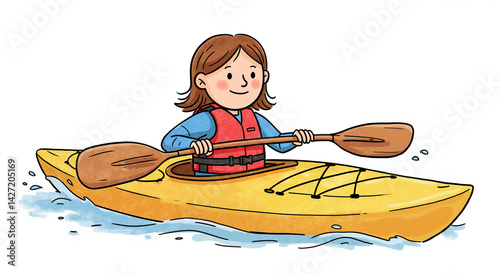 Girl kayaking happily in a yellow kayak on water  