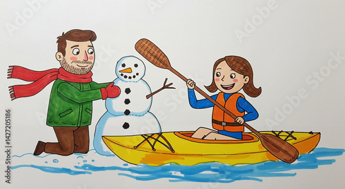 Happy children enjoying winter activities with a snowman by a river  