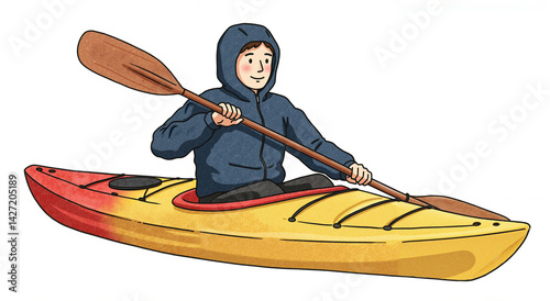 Boy paddling kayak in vibrant colors  