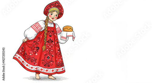 Girl in Traditional Russian Dress Holding Bread  