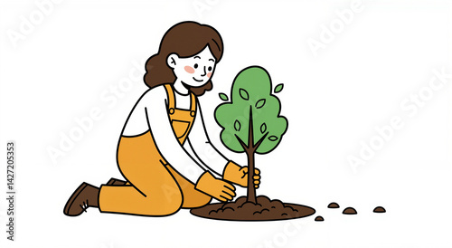 Happy person planting a tree in the ground  