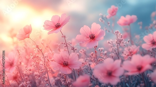 Dreamy Cosmos Flowers Soft Pink Hues Gentle Sunlight Background Photo For Spring Season