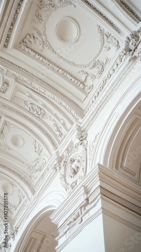 Ornate white ceiling with detailed architectural moldings and arches