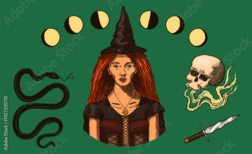 Big collection of wizardry elements for magic rituals or tarot deck, book, cat hand Witch with stone of prediction. Halloween witchcraft and sorcery things magician and voodoo hand drawn engraved 