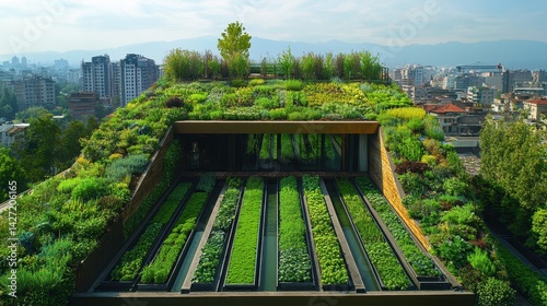 Rooftop garden, urban farming, city view, green plants, sustainable living photo