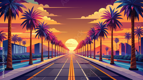 Very beautiful serene boulevard lined with symmetrical palm trees, glowing in sunset warm hues
