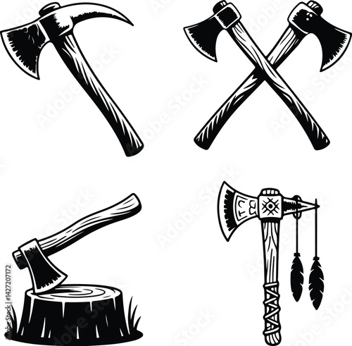Axe Silhouette Vector Set | Lumberjack Tool Clipart Outline Axe Icons | Battle Axe & Woodcutter Silhouettes