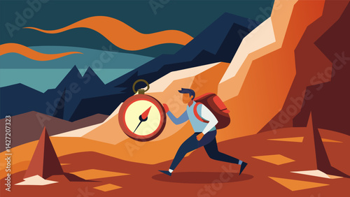 Racing against the clock an orienteering participant maneuvers through a rocky cave system relying on their compass to guide them to the finish line.. Vector illustration