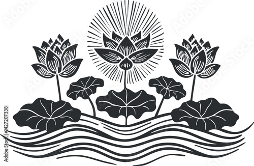 Stylized illustration of lotus flowers on water waves symbolizing peace and serenity.