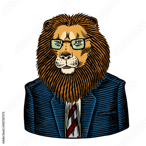 Lion in suit and tie . Animal character hipster in human clothes for beverages or business concept. cute hand drawn engraved in etching style.