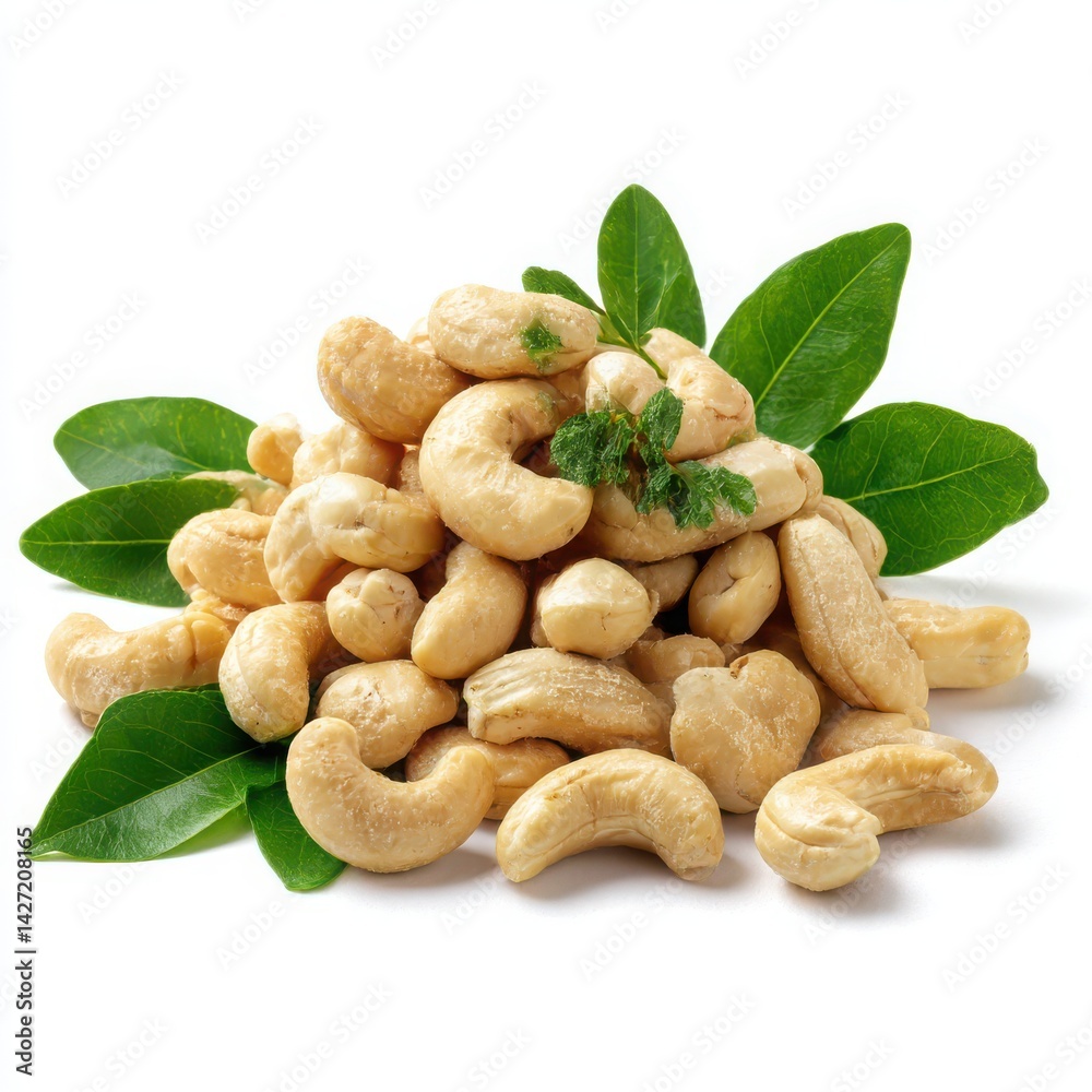 Fototapeta premium Pile of cashews with leaves on white background